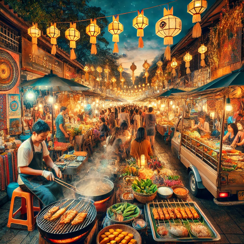 치앙마이 선데이 마켓의 활기찬 거리 풍경과 현지 먹거리