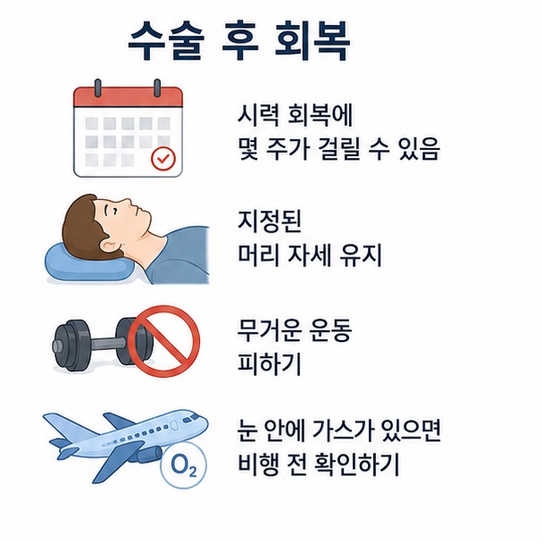 망막박리 수술 후 시력 회복에 몇 주가 걸릴 수 있으며 머리 자세 유지, 격한 운동 제한, 눈 안에 가스가 있을 때 비행 전 확인이 필요하다는 그림