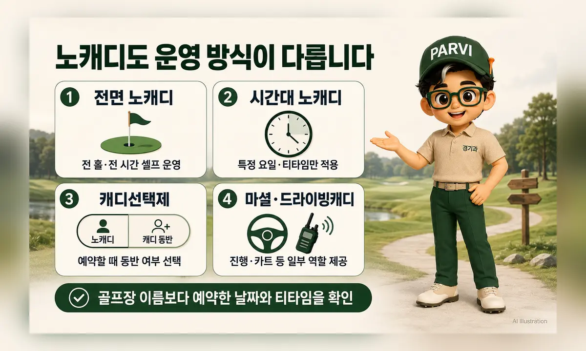 전면 노캐디와 시간대 노캐디, 캐디선택제, 마셜·드라이빙캐디 차이 비교