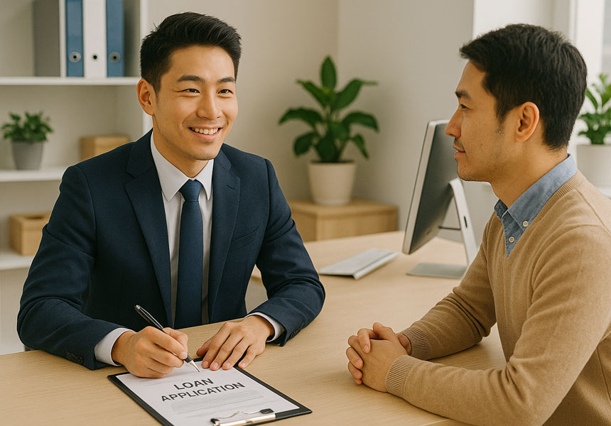 은행 직원과 고객이 대출 상담을 하는 장면