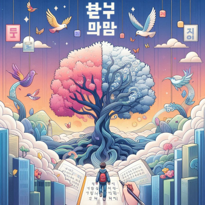 나무와 새들이 있는 아름다운 풍경 속에 학생이 서있는 일러스트입니다.