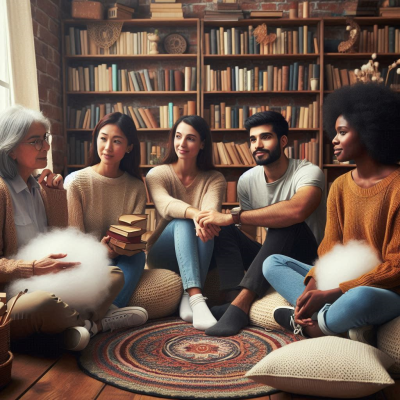 다채로운 색상의 쿠션들이 있는 바닥에 사람들이 앉아 책을 읽으며 대화하는 모습입니다.