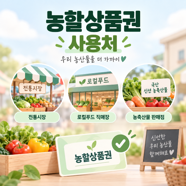 농할상품권을 사용할 수 있는 전통시장 로컬푸드 직매장 등 국산 신선 농축산물 판매 가맹점을 안내하는 이미지