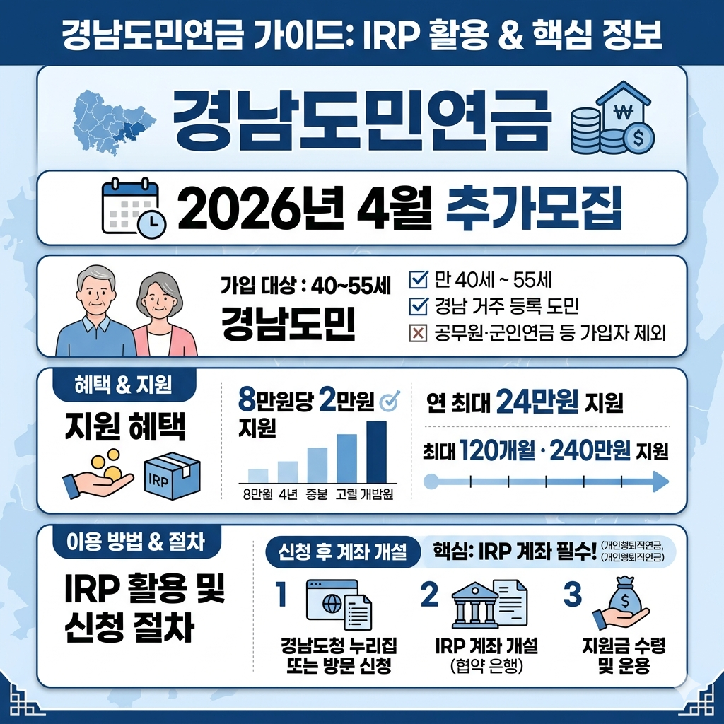 경남도민연금 추가모집 일정, 자격 조건, 지원금, 신청방법 인포그래픽