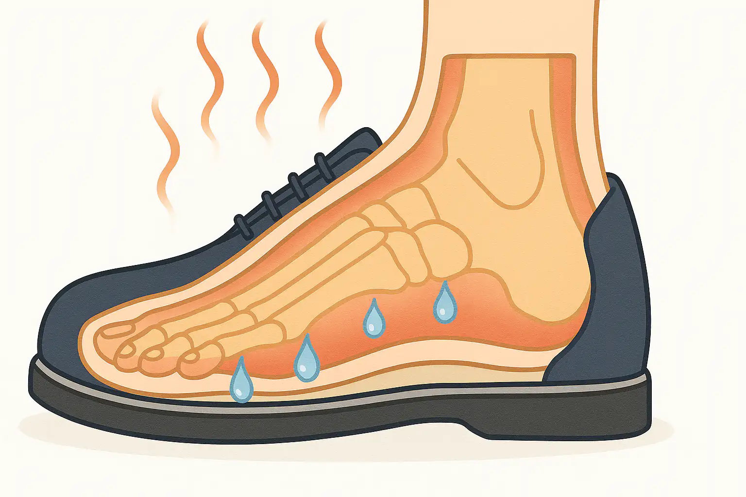 하루 종일 신발을 신은 발 내부 단면 일러스트, 습기와 열기로 가득한 표현, 발가락 사이에 수분 방울이 맺힌 장면