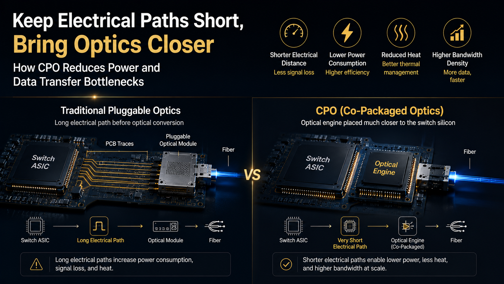 How CPO shortens electrical signal paths between switch ASICs and optical engines