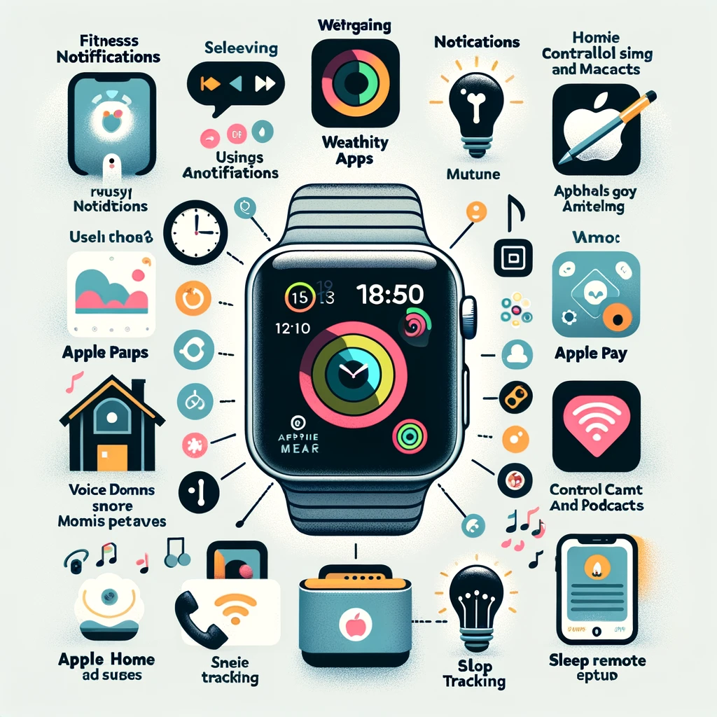 피트니스 추적&#44; 알림 관리&#44; 다양한 앱 사용&#44; Siri를 통한 음성 명령&#44; Apple Pay 설정&#44; 음악 및 팟캐스트 청취&#44; 명상 앱 사용&#44; 스마트 홈 기기 제어&#44; 수면 추적&#44; 카메라 리모컨 기능 등을 포함하여 애플 워치의 다양한 기능