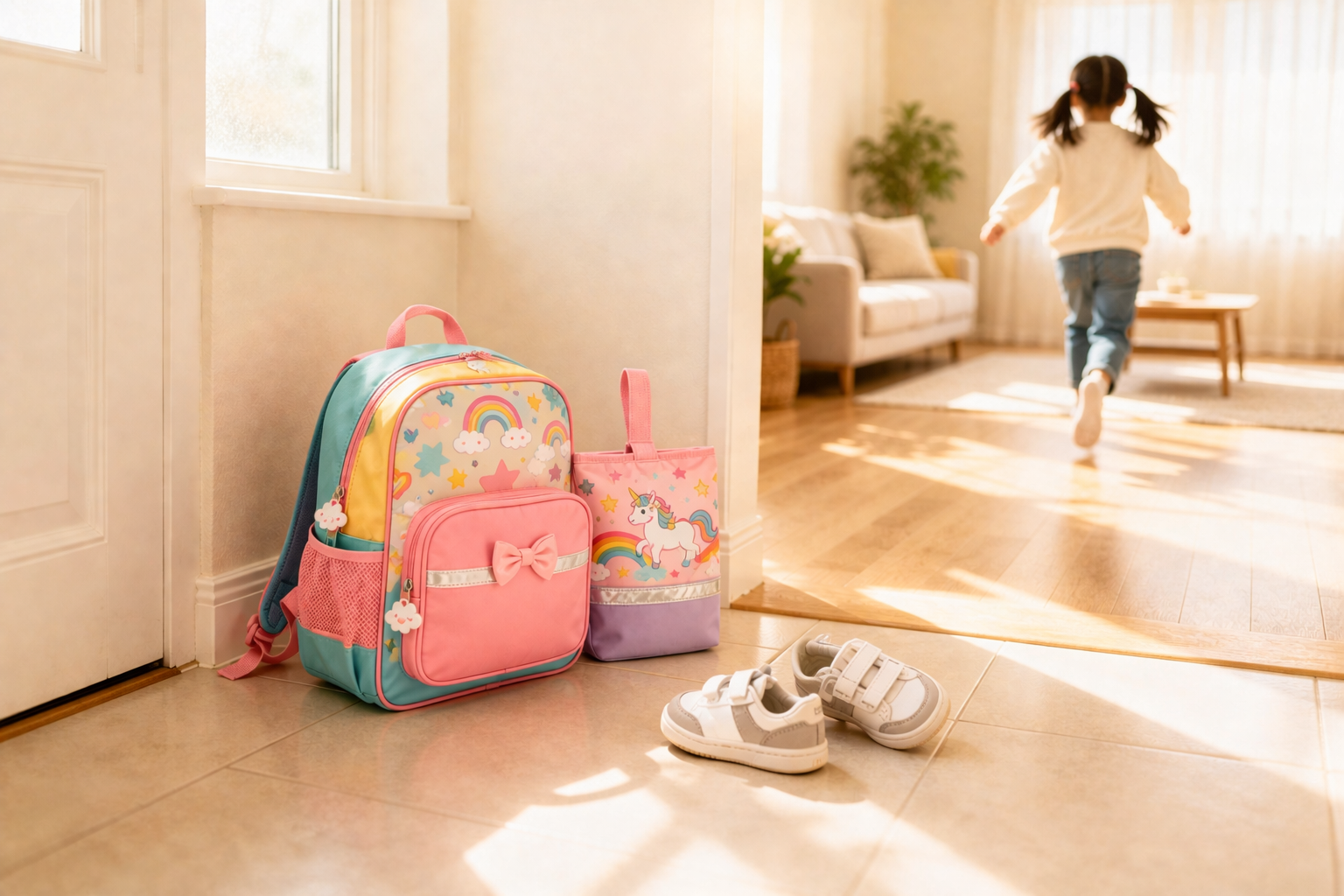 햇살이 환하게 들어오는 아파트 현관에 아이의 핑크색 책가방과 실내화 가방이 나란히 놓여 있는 모습. 거실 안쪽으로는 하교 후 신나게 뛰어 들어가는 아이의 뒷모습이 보이고, 현관 바닥에는 아이의 운동화가 자연스럽게 벗겨져 있어 생동감 넘치는 초등학생의 하교 일상을 보여주는 사진.