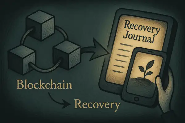 블록체인 기술과 디지털 회복 일지를 연결한 개념도, 팀 버튼풍 감성과 어두운 배경 속에 성장의 상징으로서 새싹과 연결된 저널 화면 포함