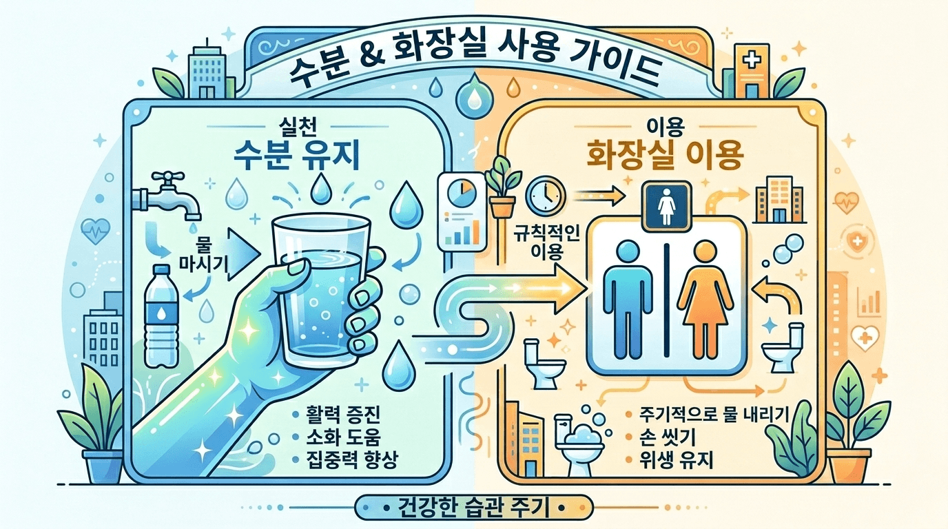 물 마시기를 통한 수분 유지 방법과 규칙적인 화장실 이용 및 손 씻기 등 위생 습관을 설명하는 건강 가이드 인포그래픽