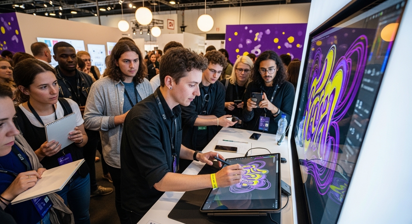 디자이너가 AI 도구를 활용해 실시간으로 디자인을 시연하는 '디자인 버스킹' 현장. 관람객들이 집중해서 지켜보고 있다.