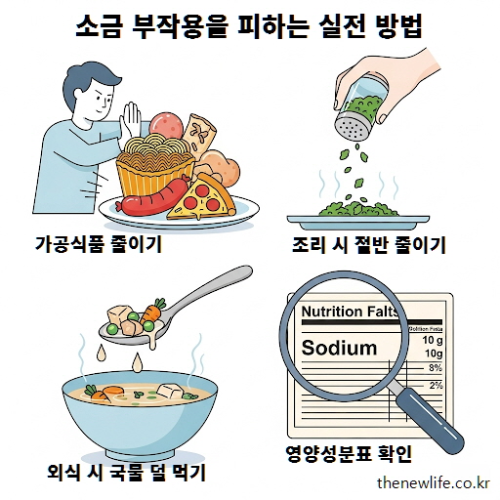 소금 부작용을 예방하기 위한 실전 방법으로 가공식품 줄이기, 조리 시 소금 절반 줄이기, 외식 시 국물 덜 먹기, 영양성분표 확인하기를 보여주는 이미지