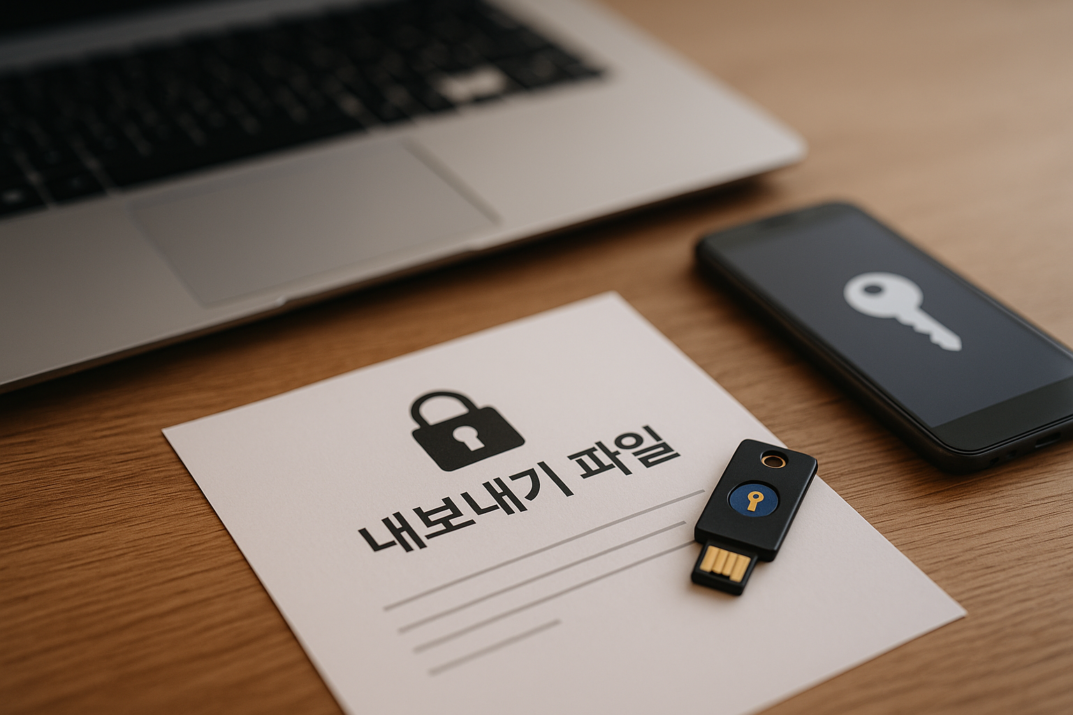 내보내기 파일과 보안키가 놓인 책상 사진 — 비밀번호 관리자 내보내기 시 안전 수칙 예시
