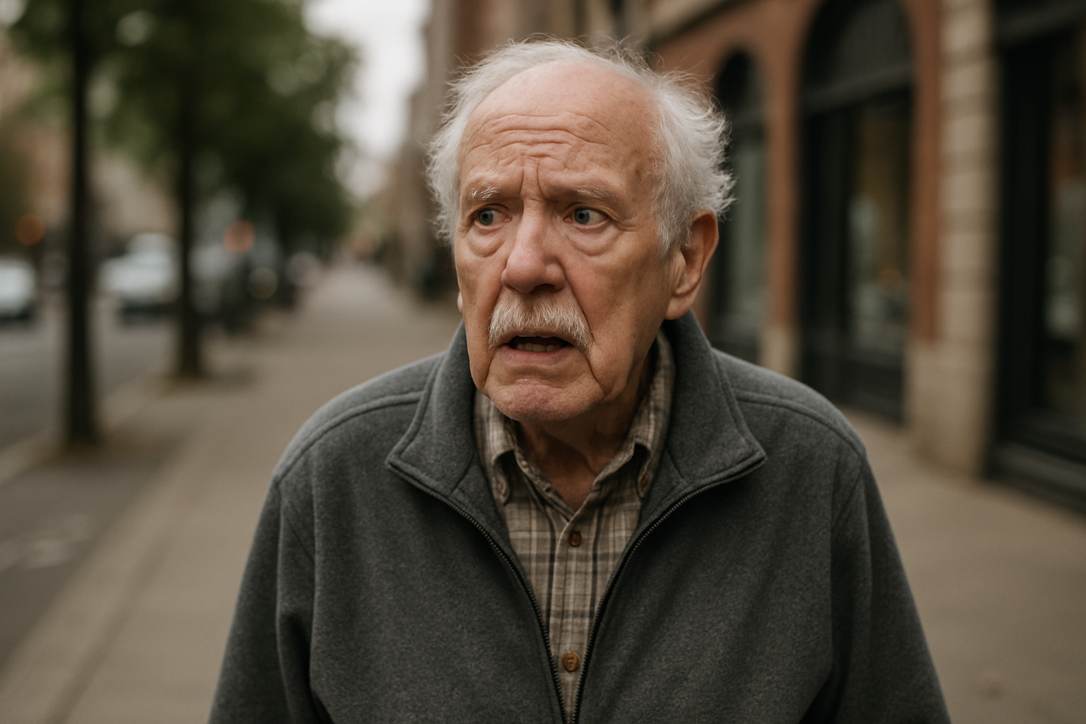 거리에서 길을 잃고 당황해 하는 남성 노인의 모습