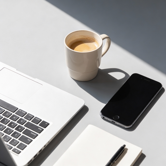 깔끔한 책상 위에 놓인 노트북과 연락을 주고받는 도구들을 촬영한 정갈한 사진