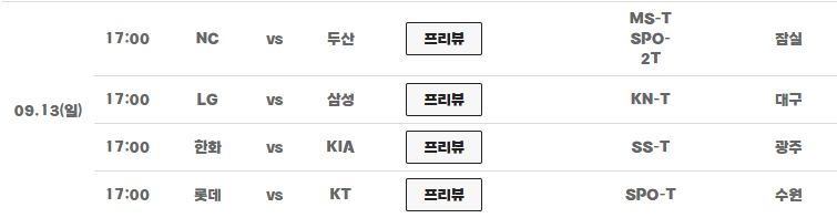 KBO 9월13일 경기일정 사진출처 KBO홈페이지