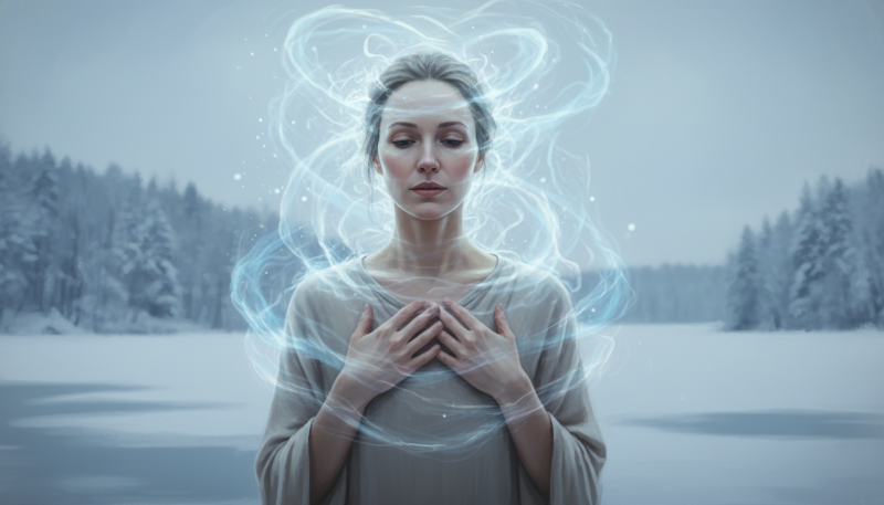 스트레스로부터 평온을 찾으려는 사람의 모습, 겨울 배경