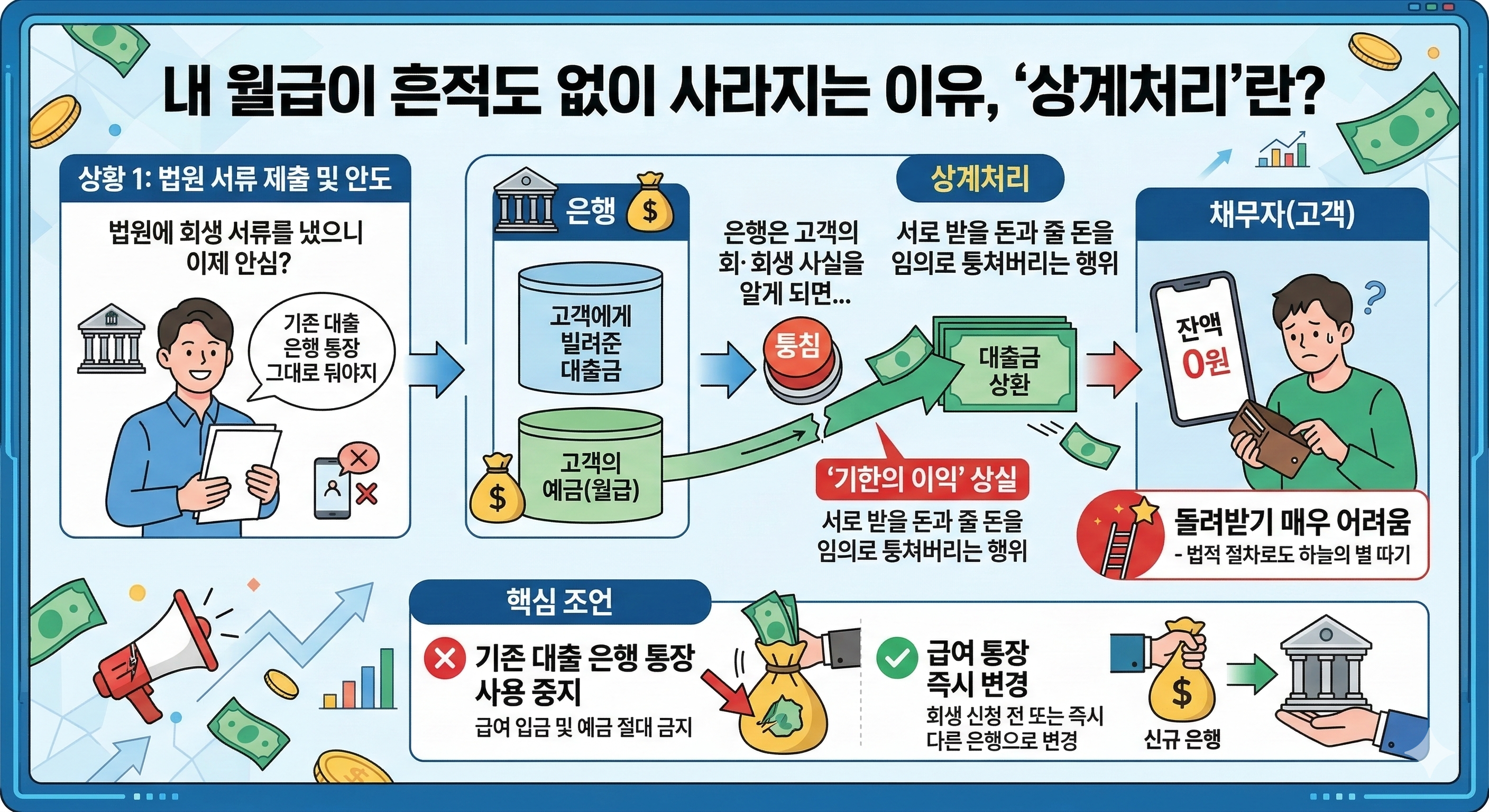 개인회생 신청 후 월급이 0원? '통장 상계처리' 막는 3가지 완벽 방어법 (압류통장 주의)