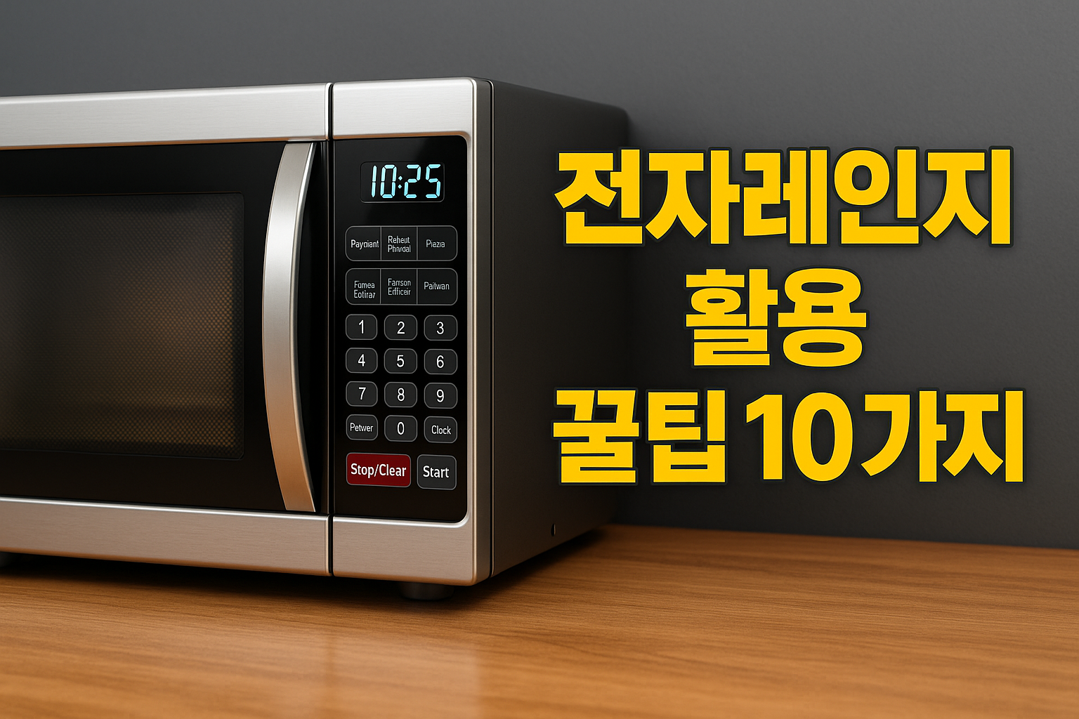전자레인지와 "전자레인지 활용 꿀팁 10가지" 텍스트를 이미지화 한 그림