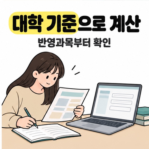 대학 기준으로 계산과 반영과목부터 확인 문구 아래에서 학생이 성적 자료와 노트북 입력 화면을 보며 공책에 내용을 적고 있다.