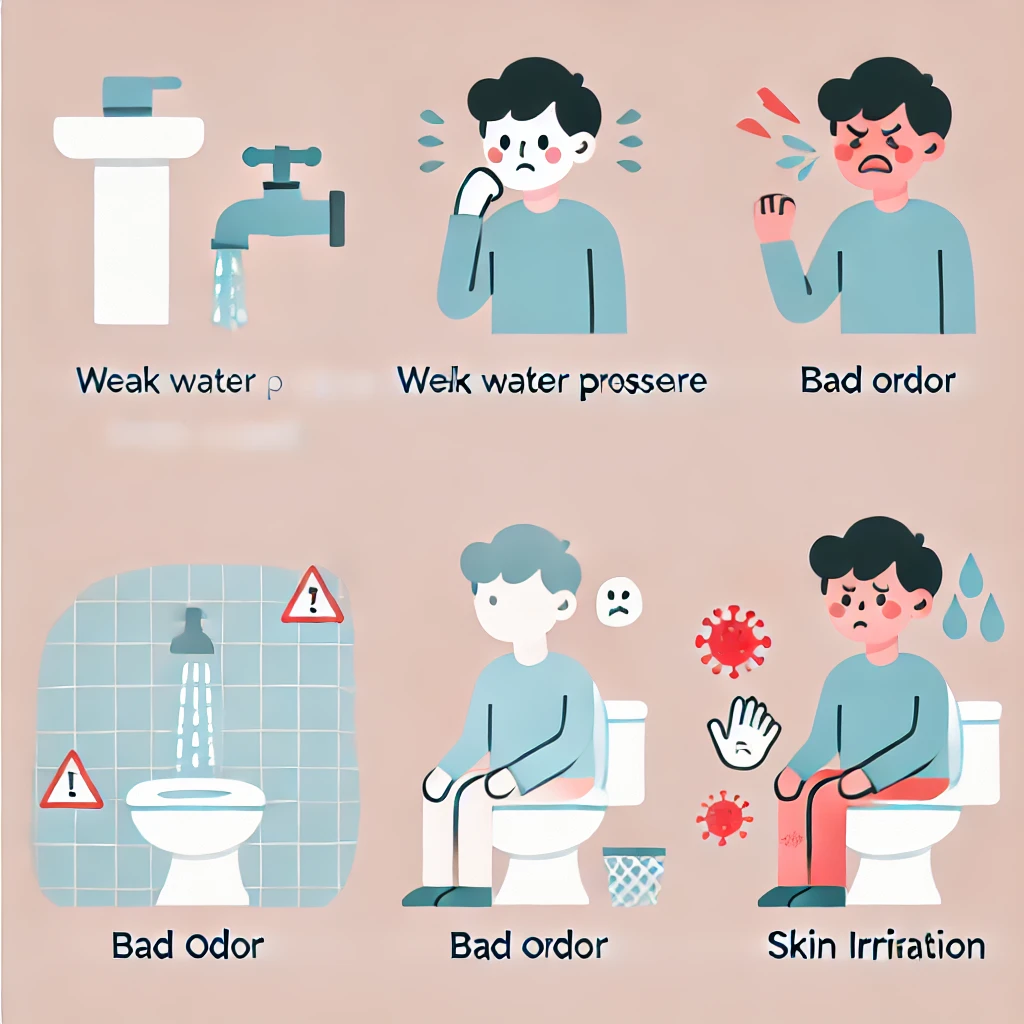 비데 노즐 청소 미흡 시 발생하는 문제 3가지: 약한 수압, 악취, 피부 자극을 표현한 일러스트