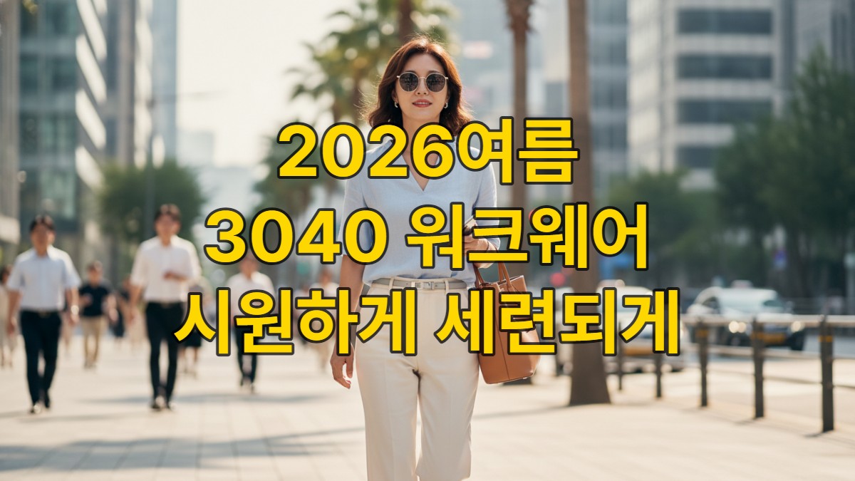 3040 직장인 여성이 시원한 린넨 블라우스와 와이드 팬츠를 입고 세련되게 여름 출근길을 걷는 모습.