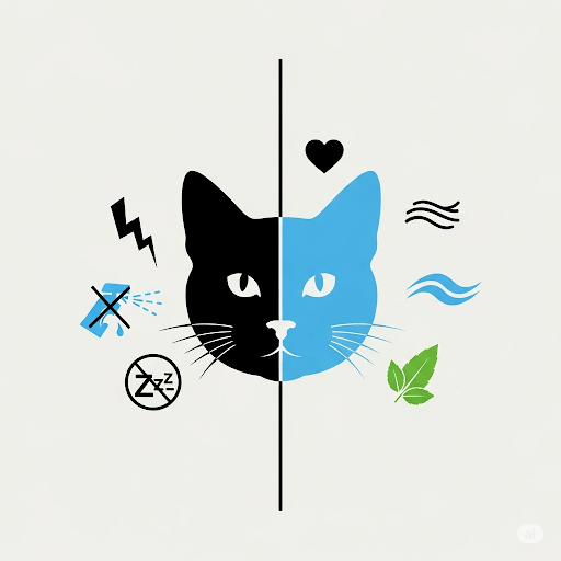 고양이 실루엣 주변에 다양한 문제 행동과 해결책을 상징하는 아이콘