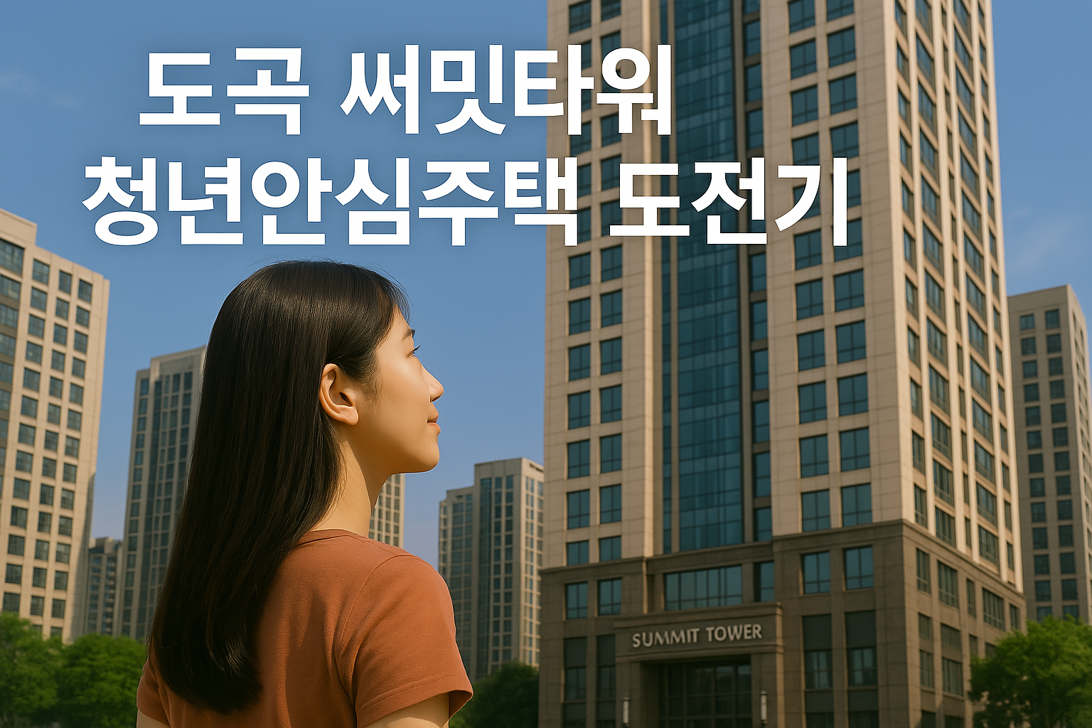 도곡더써밋타워 앞에서 청년안심주택 공공임대 청약을 고민하며 건물을 바라보는 여성의 모습