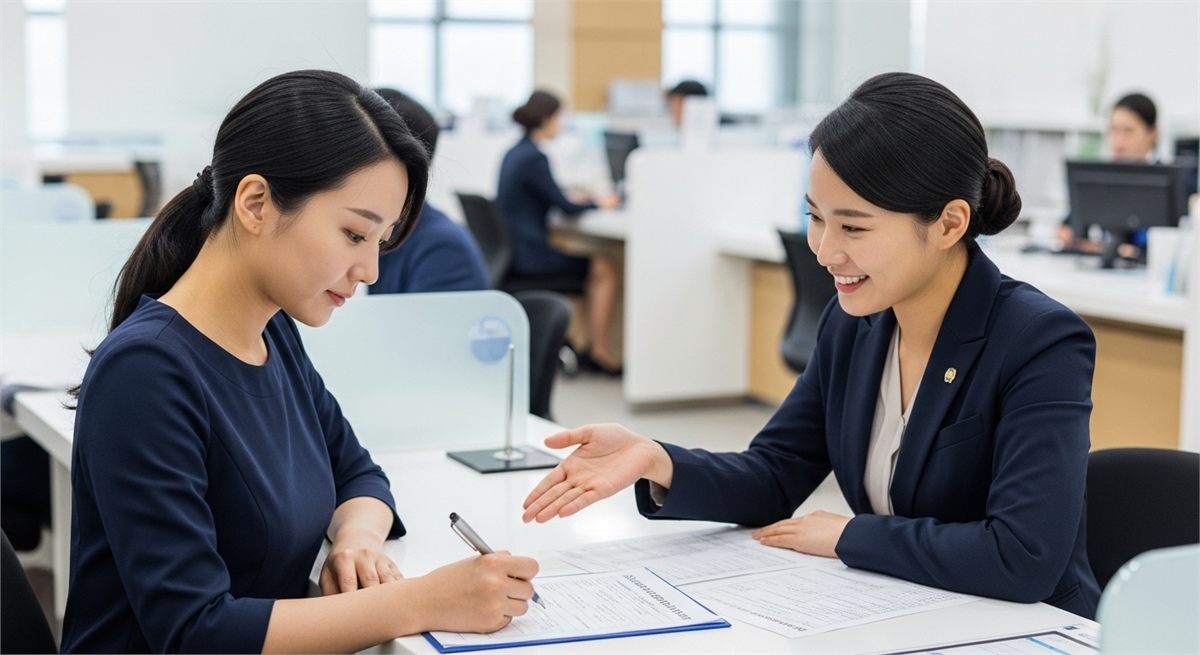 창구에서 지원 신청 상담을 받는 여성의 모습 