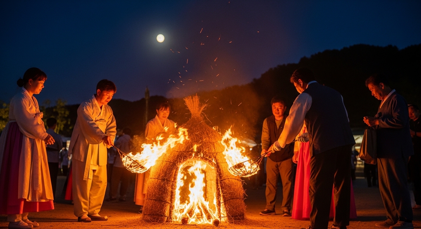 2026년 정월대보름, 달집태우기 행사에 참여하여 소원을 비는 사람들의 활기찬 축제 현장.