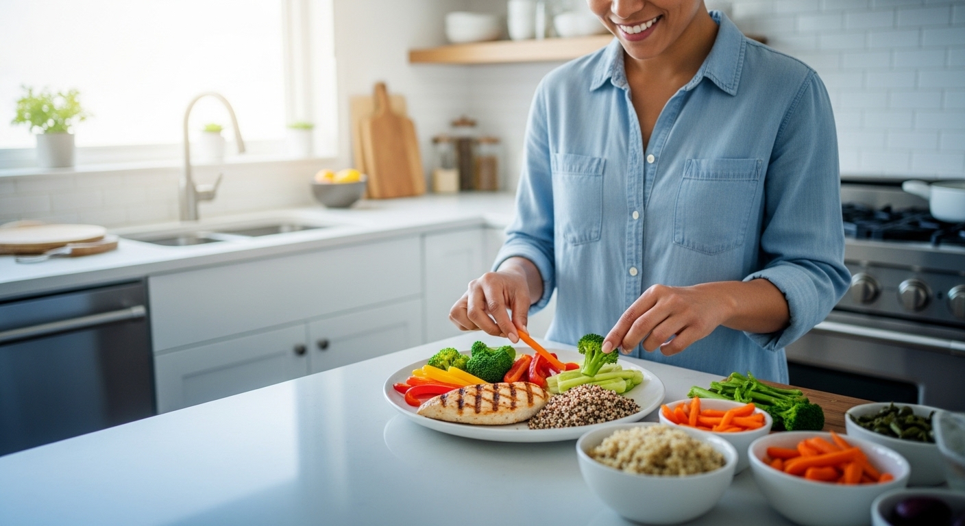 간헐적 단식 중 건강하고 균형 잡힌 식사를 즐기는 모습.