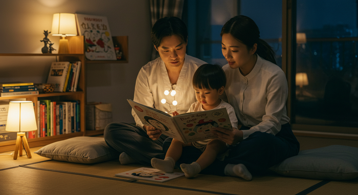 가족과 책을 읽는 장면