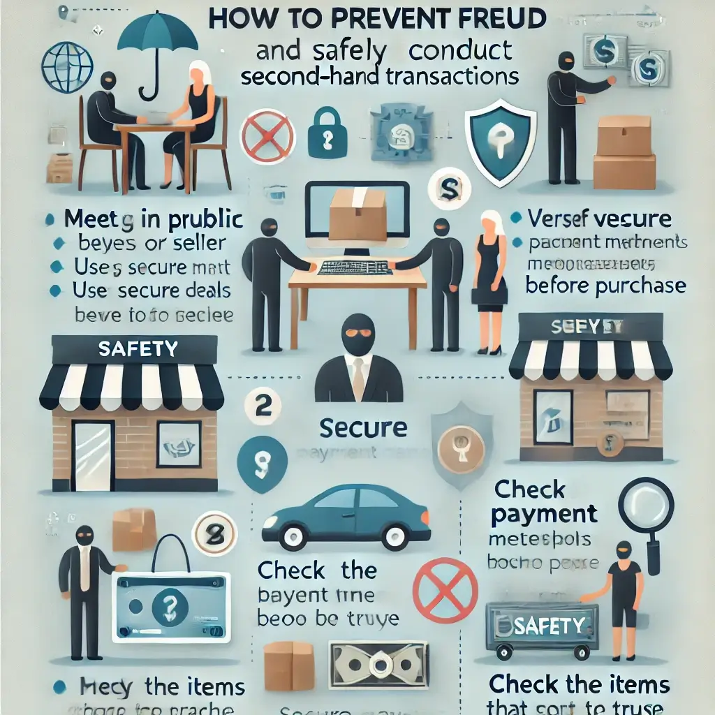 중고 거래 사기 예방 및 안전한 거래 방법을 인포그래픽으로 정리한 이미지입니다! 공공장소에서 만나기, 판매자/구매자 신원 확인, 안전한 결제 수단 사용, 물품 상태 확인, 지나치게 좋은 거래 피하기 등의 핵심 안전 수칙이 포함되어 있어요.