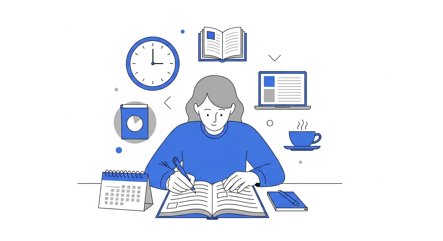 시간 기록표에 하루 일과를 꼼꼼히 기록하며 시간을 관리하는 손.