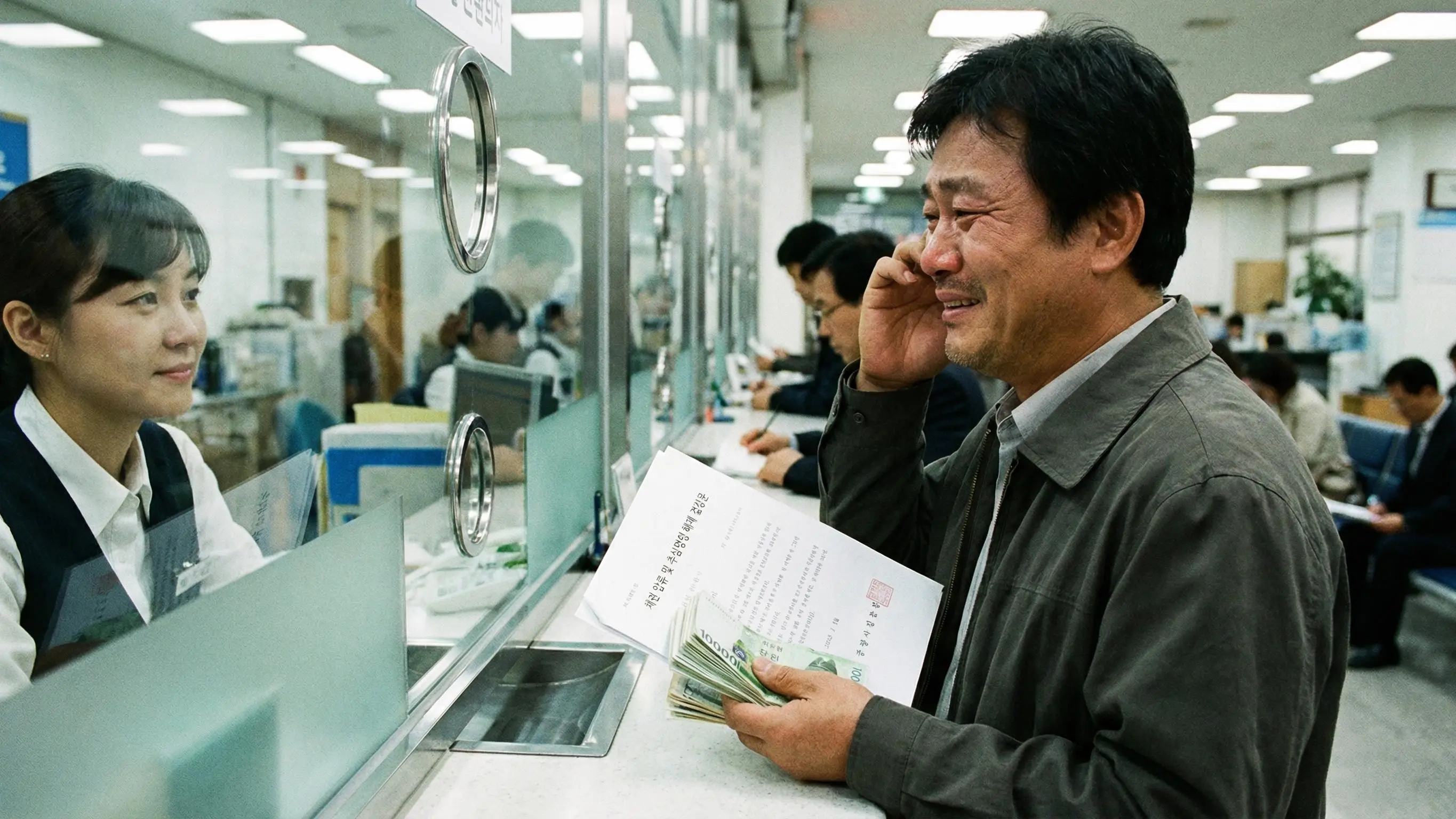 법원의 결정문을 은행에 제출하고 마침내 생활비를 출금하여 안도하는 가장의 모습