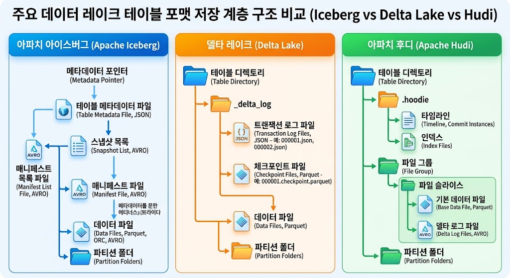 오픈 테이블 포맷(Apache Iceberg, Delta Lake, Apache Hudi) 아키텍처 비교 구조도