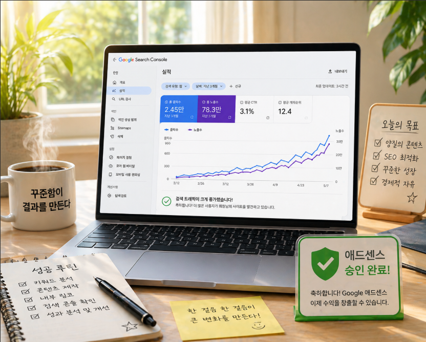 구글 서치 콘솔 데이터의 상승 곡선과 애드센스 승인 성공을 상징하는 밝은 사무실 풍경