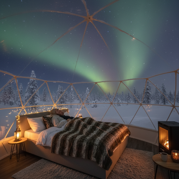 핀란드 라플란드 유리 이글루 안에서 희미한 오로라를 올려다보는 연인.