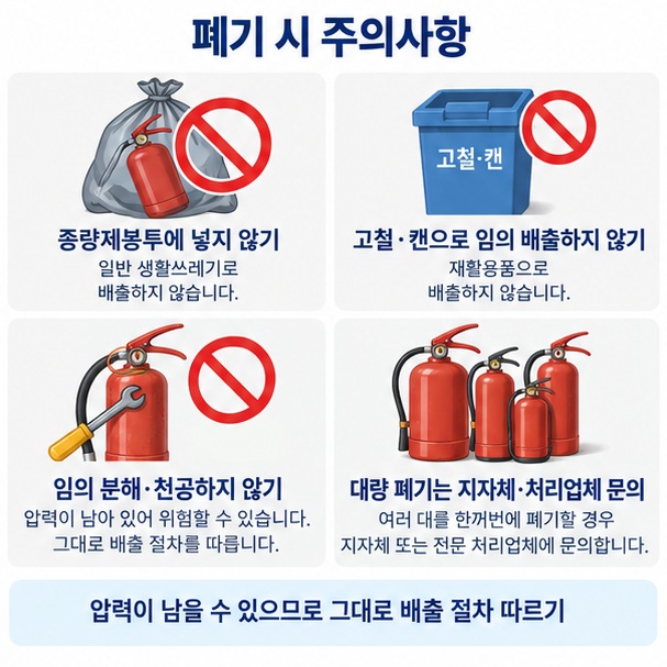 폐소화기를 종량제봉투나 고철로 버리지 않고 임의 분해 없이 지자체 기준에 따라 처리하는 주의사항 이미지