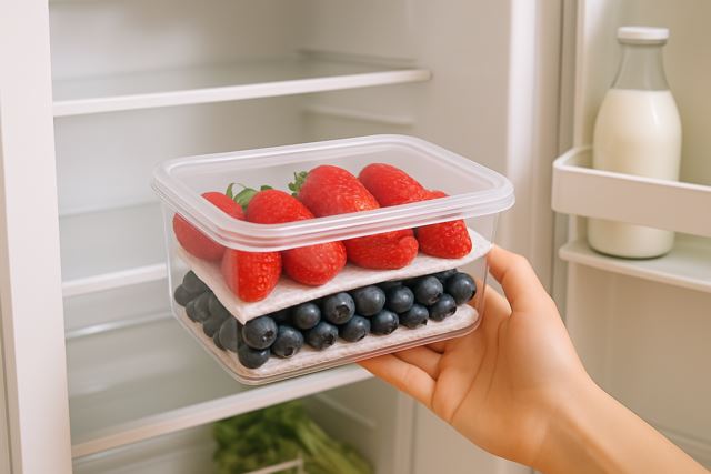 딸기, 블루베리 등 베리류가 키친타월 위에 한 겹씩 배치되어 투명 용기에 담긴 모습