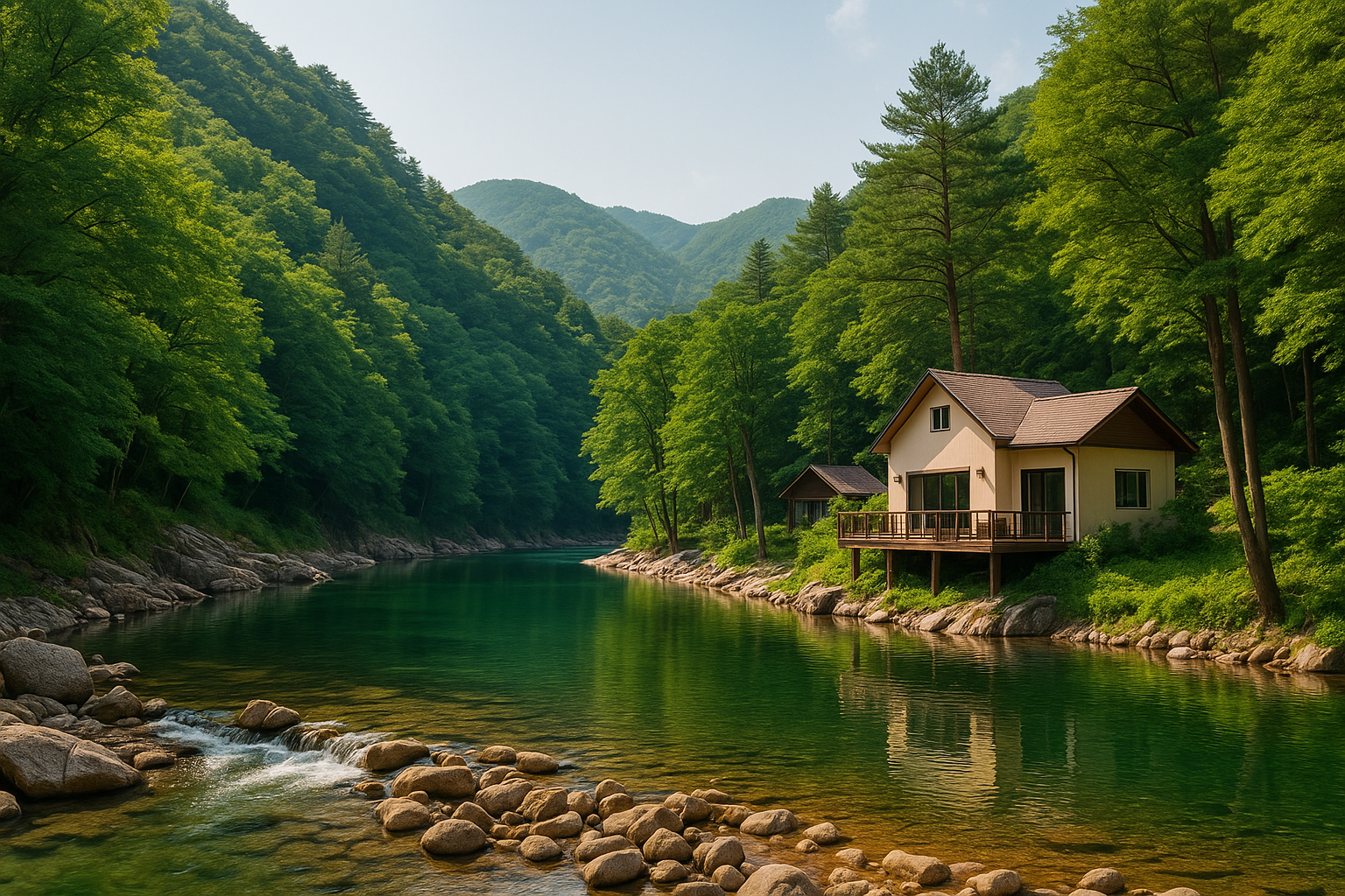 여름철 국내 숲과 계곡, 맑은 호수와 감성적인 숙소가 어우러진 전경. 초록빛 울창한 숲과 깨끗한 물, 자연광 아래 고급스럽고 평화로운 분위기의 자연경관.