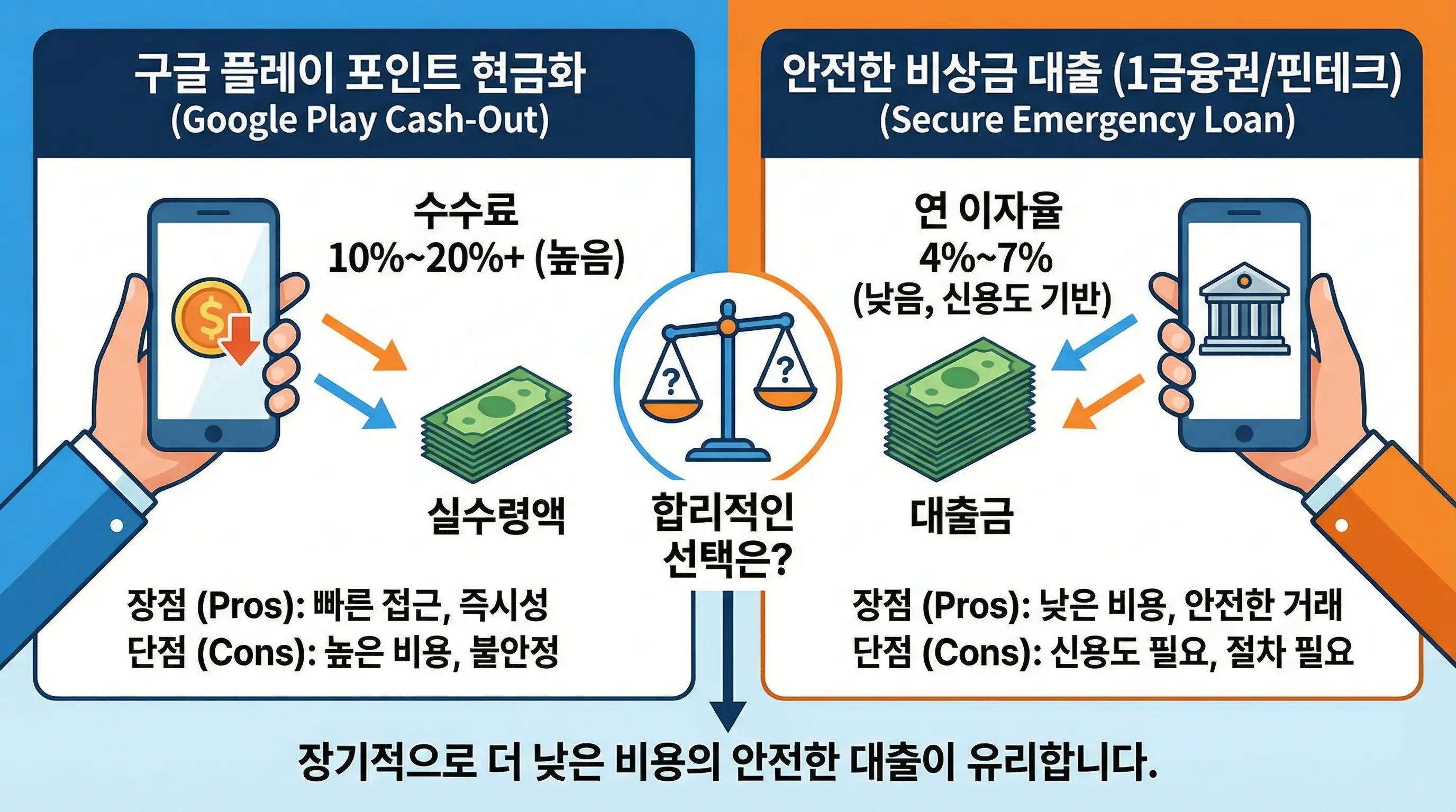 구글 현금화 수수료와 안전한 비상금 대출의 이자를 비교하여 합리적인 선택을 돕는 인포그래픽
