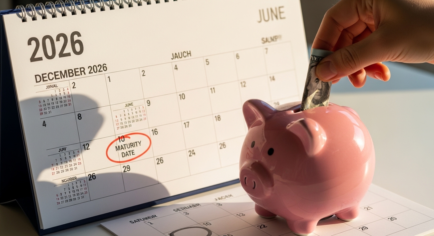 2026달력에 6개월 만기가 표시되고 저금통에 돈을 넣는 모습