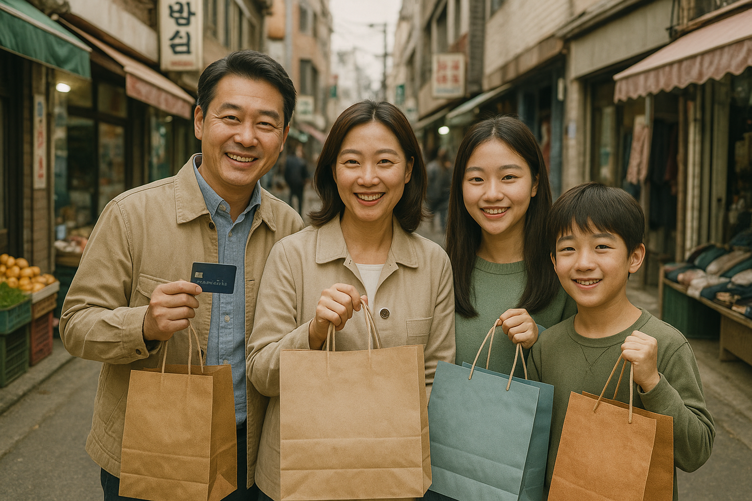 Cheerful Korean parents with teenage daughter and young son showing shopping bags and a card on a narrow shopping street lined with small stores.