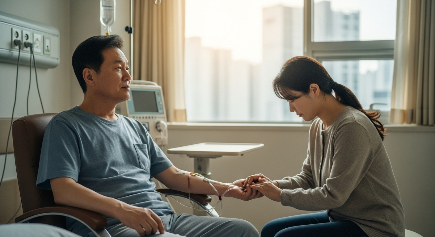 병실 창밖을 바라보는 환자의 손을 가족이 따뜻하게 잡아주며 위로와 희망을 전하고 있는 모습