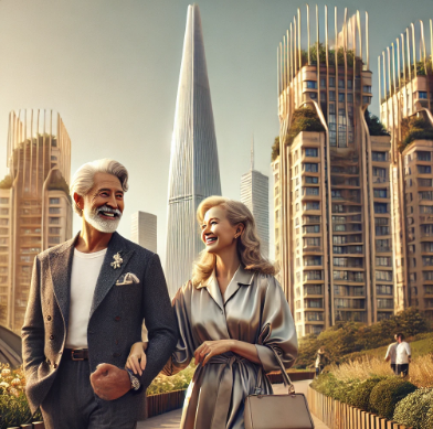 헬리오시티 아파트와 6070세대 부부 이미지