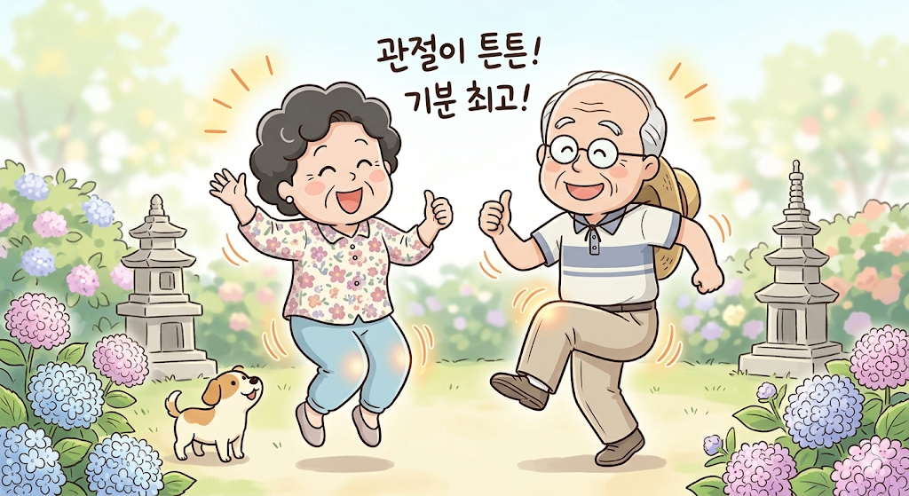 할아버지 할머니가 관절튼튼을 외치며 덩실덩실 춤추고 있는 이미지