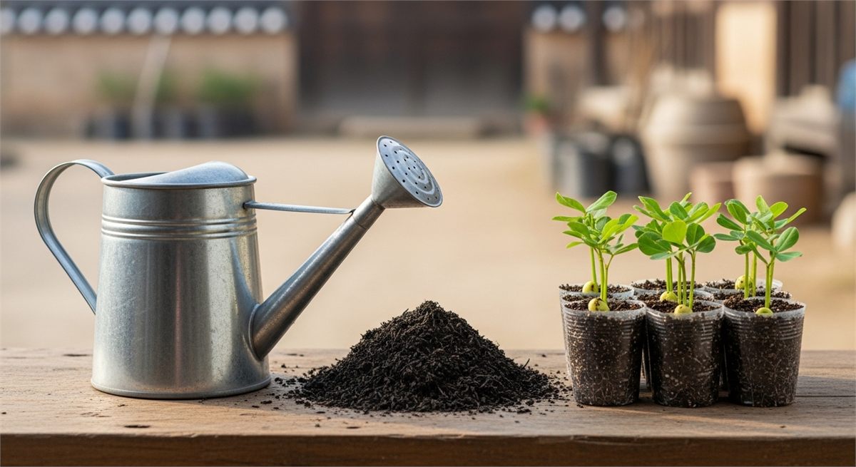 물조리개와 비닐, 어린 땅콩으로 관리 포인트를 보여주는 장면