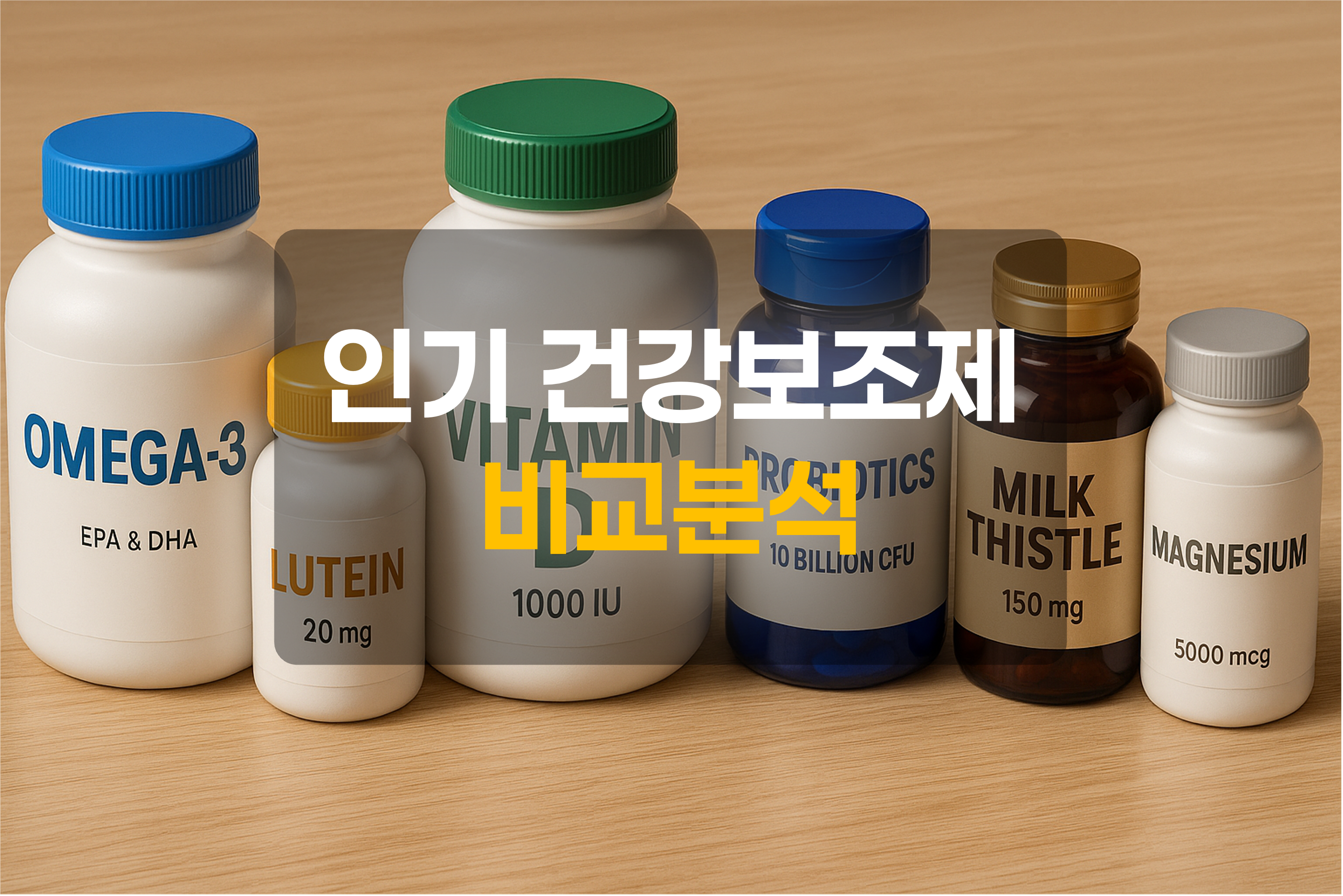 건강보조제(오메가3, 루테인, 비타민D, 프로바이오틱스, 밀크씨슬, 마그네슘) 약통들과 이를 설명하는 텍스트를 포함한 그림