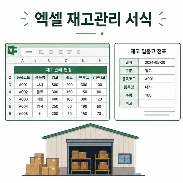 엑셀 표와 창고 박스로 표현한 엑셀 재고관리 서식 안내 이미지